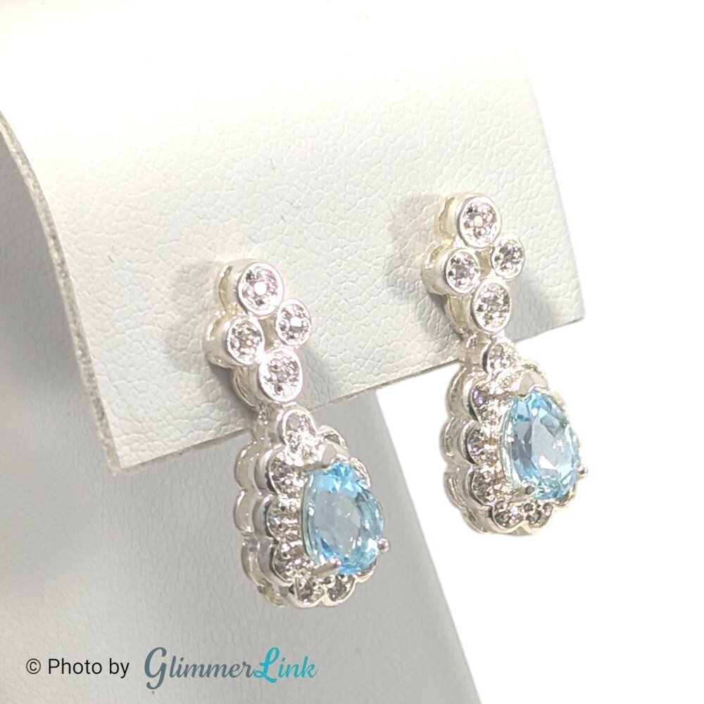 Vintage 925 Sterling Silver Blue Topaz Teardrop Halo Drop Earrings